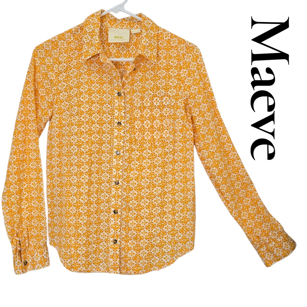 Maeve Anthropologie Button Down Women 2 Orange Cotton Geometric Boho Shirt